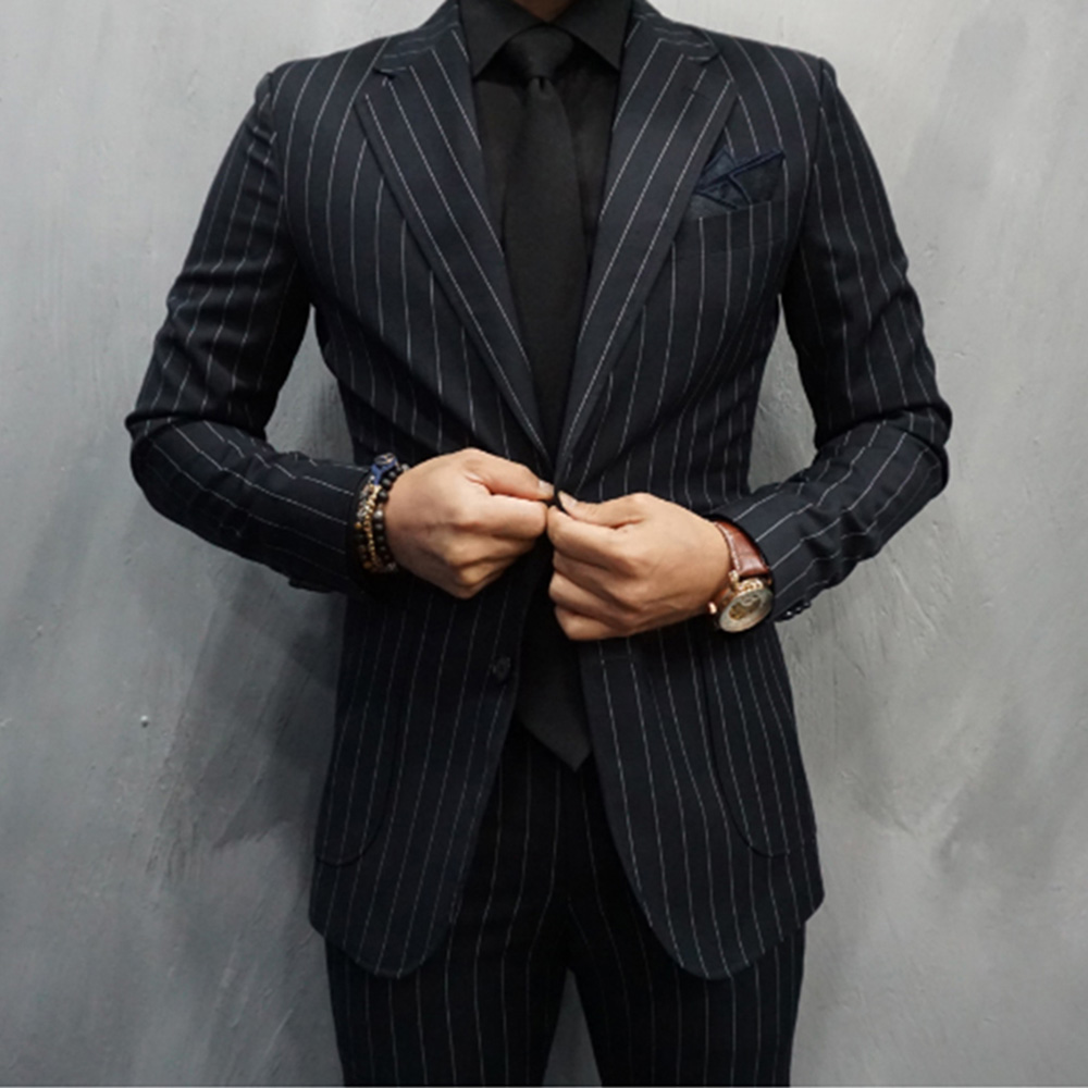 Large Men Formal Wear - Preto listrado ternos masculinos único breasted