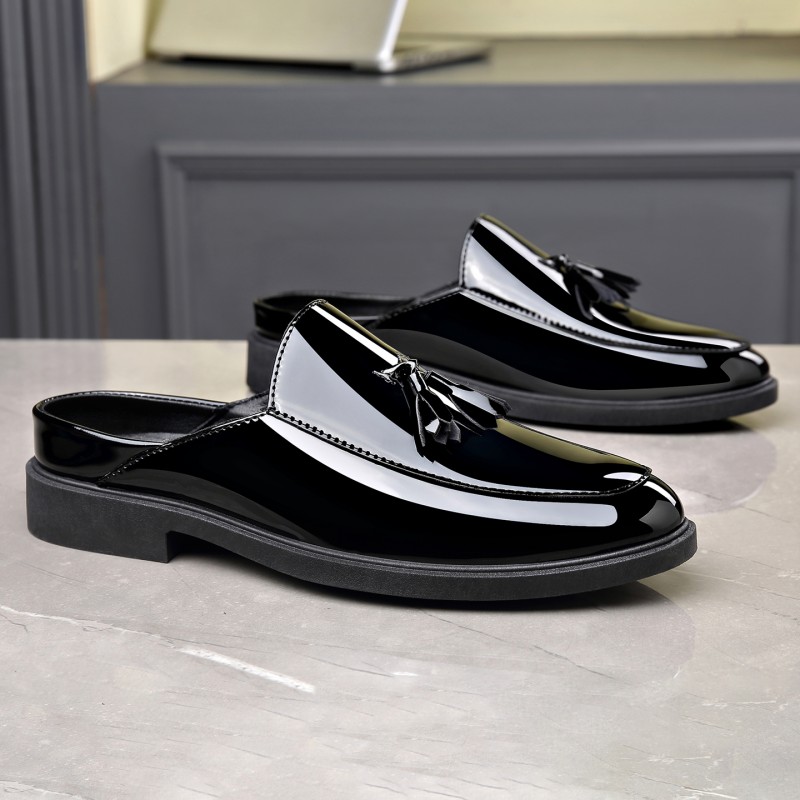 Mules masculinas pretas em cou - Formal Men Daily Wear Slippers avaliação e preço